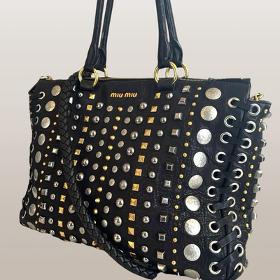 Auth Miu Miu Studded 2way Handbag Shoulder Tote Bag Black Leather