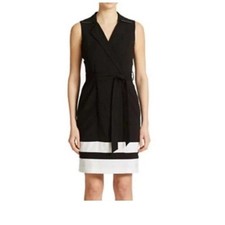 Calvin Klein Sleeveless Faux Wrap Sheath Dress Black/White Colorblock Size 8