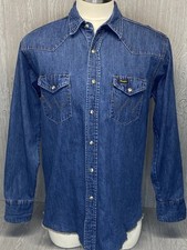 Wrangler Western Shirt Mens Large Blue Denim Cowboy Cut Dark Wash Pearl Snap