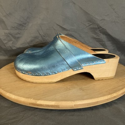 Hasbeens Husband Swedish Clogs Women s 6/36 Turquoise Metallic Shoes