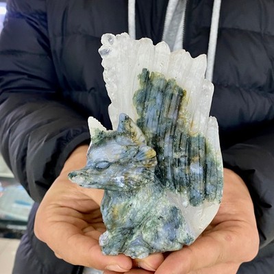 431G Natural Moss Agate  Hand Carved Nine-tailed Fox Quartz Crystal Decor