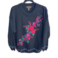 Eddie Bauer Vintage 90s Womens Black Floral Thick Knit Sweater Cottage Oversized