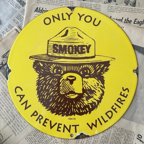 VINTAGE 1953 SMOKEY THE BEAR FOREST FIRE WILDFIRE 12 INCH PORCELAIN ENAMEL SIGN
