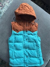Patagonia Bivy Hooded Down Vest Womens XS Mogul Blue Sisu Brown Puffer Flaw