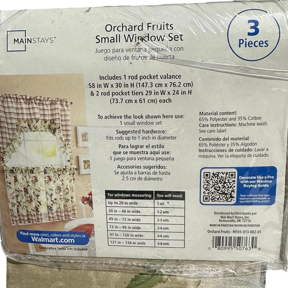 Small Window Curtain Set ORCHARD FRUITS 3 Piece Valance Tiers Mainstays Country - Image 4 of 4