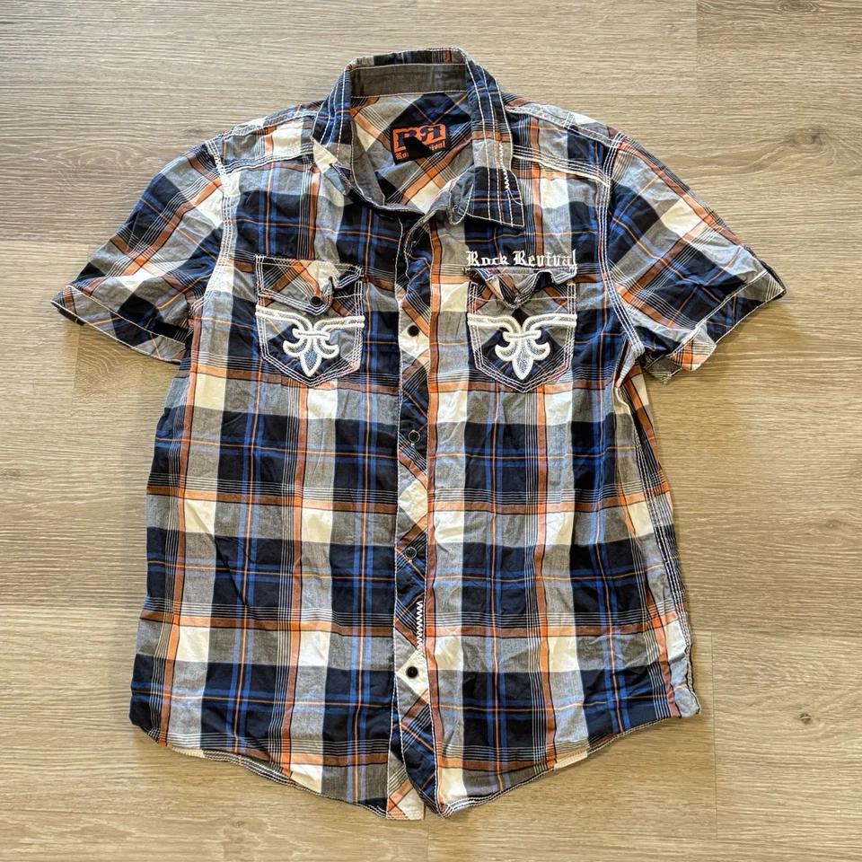 Camisa Rock Revival a Cuadros Bordados Bolsillos Manga Corta Abotonada Para Hombre Talla L Foto 2 de 4