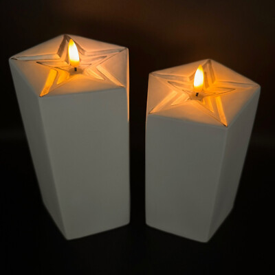 2er Set moderne LED Kerzen aus Keramik in Sternform mit Timer