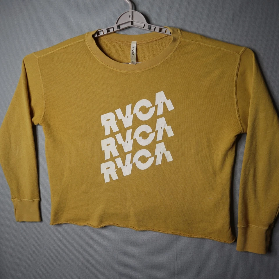 RVCA Sweater Womens Large Mustard Yellow Cropped Sweatshirt Surf Skate Spellout - Image 2 of 4