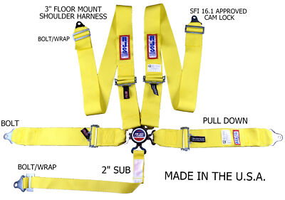 RJS RACING SFI 16.1 CAM LOCK 5 PT SEAT BELT HARNESS FLOOR MOUNT YELLOW  1034106