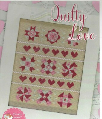 QUILTY LOVE--Red & Pink & White Hearts--Pinwheels--Counted Cross Stitch Pattern