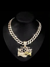 New  Trust No One Pendant Gold Plate With 18 Inch Cuban Chain CZ Necklace Hiphop