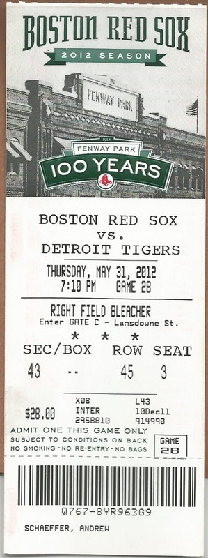 Max Scherzer Win #41 5/31/2012 Tigers at Red Sox Full Ticket Delmon Young HR #75