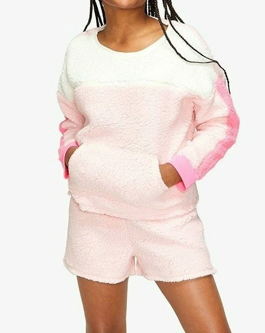 NWT Justice Girl's Pink Colorblock Sherpa pajamas set Shorts Shirt 6 7 8 10  12 S