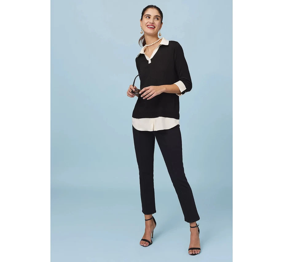 Isaac Mizrahi Live! Split Twofer Sweater w/ 3/4 Sleeves Pitch Blac Large A627990 Foto 2 de 2