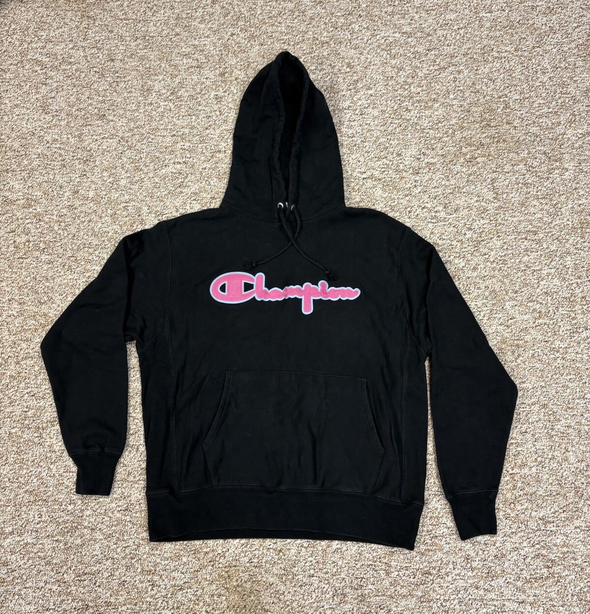 Champion Reverse Weave Black Sweatshirt - Neon Blue Pink Retro