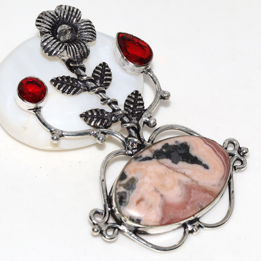 Pyrite Rhodochrosite Garnet 925 Silver Plated Floral Pendant 2.2 Inch Jewelry