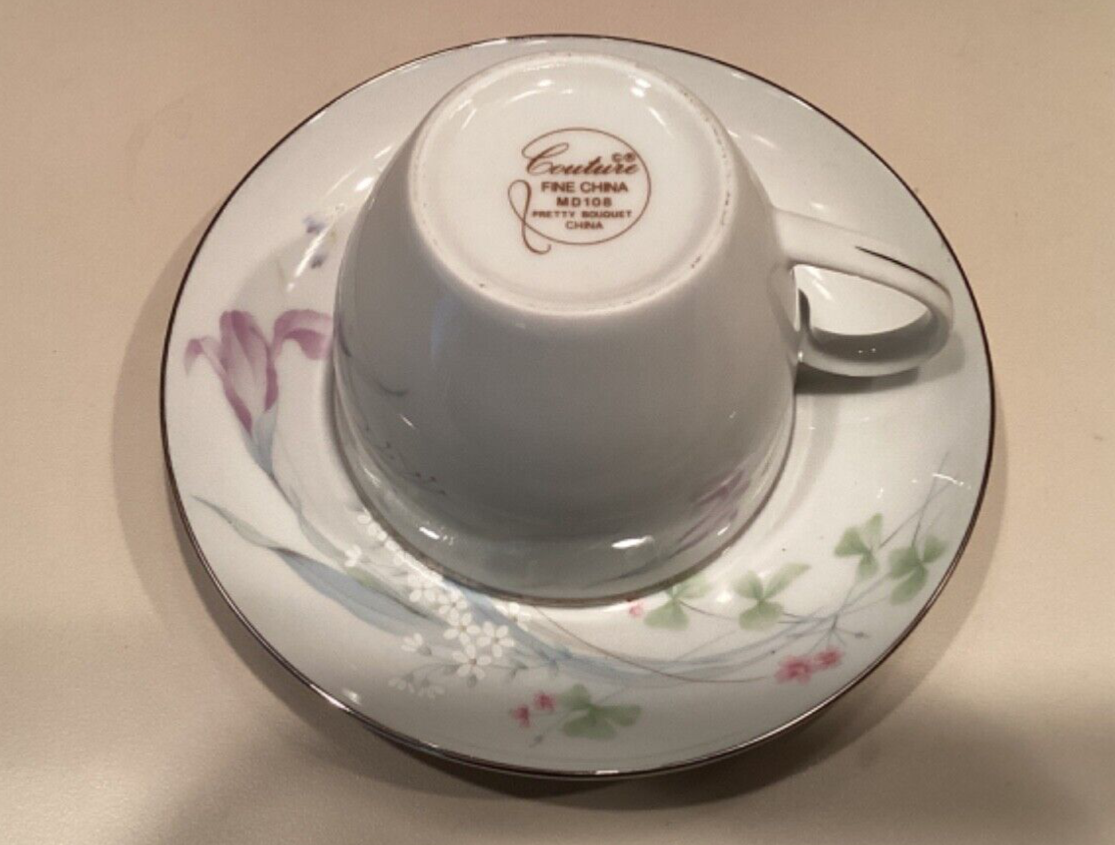 Couture Fine China Tea cups-saucers, Creamer and Sugar bowl floral  /silver rim