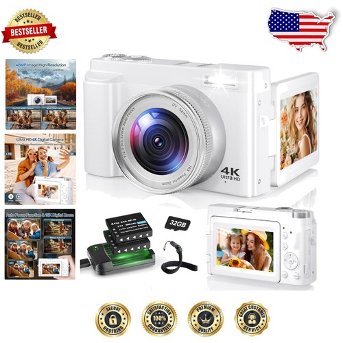 Compact 48MP Digital Camera - 4K Video, Selfie Flip Screen, and 32GB SD Card
