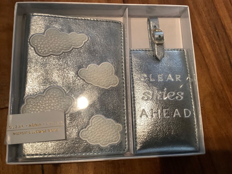 Anthropologie Clear Skies Ahead Blue Cloud Passport Luggage Tag Set NIB
