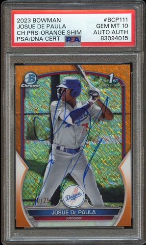 Josue De Paula 2023 1ST Bowman Chrome Auto Orange Shimmer Ref /25 PSA 10 GEM MT