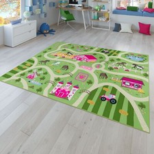 Kinder-Teppich, Spiel-Teppich Für Kinderzimmer, Landschaft und Pferde, In Grün
