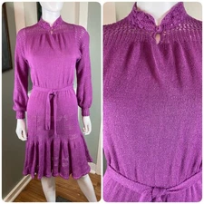 Vintage 70s Miss JoAnn Pink Fuchsia Knit Crochet Sheer Sweater Midi Dress Small