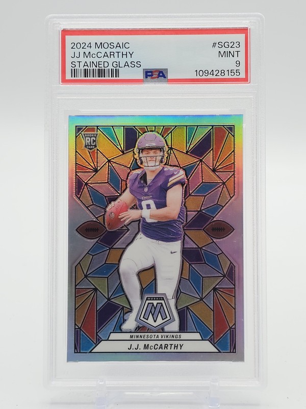 J.J. MCCARTHY 2024 MOSAIC STAINED GLASS PRIZM ROOKIE #SG-23 VIKINGS PSA 9 Q3286
