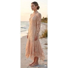 Vintage 80s Lace Bridal Dress Champagne Romantic Victorian Drop Waist