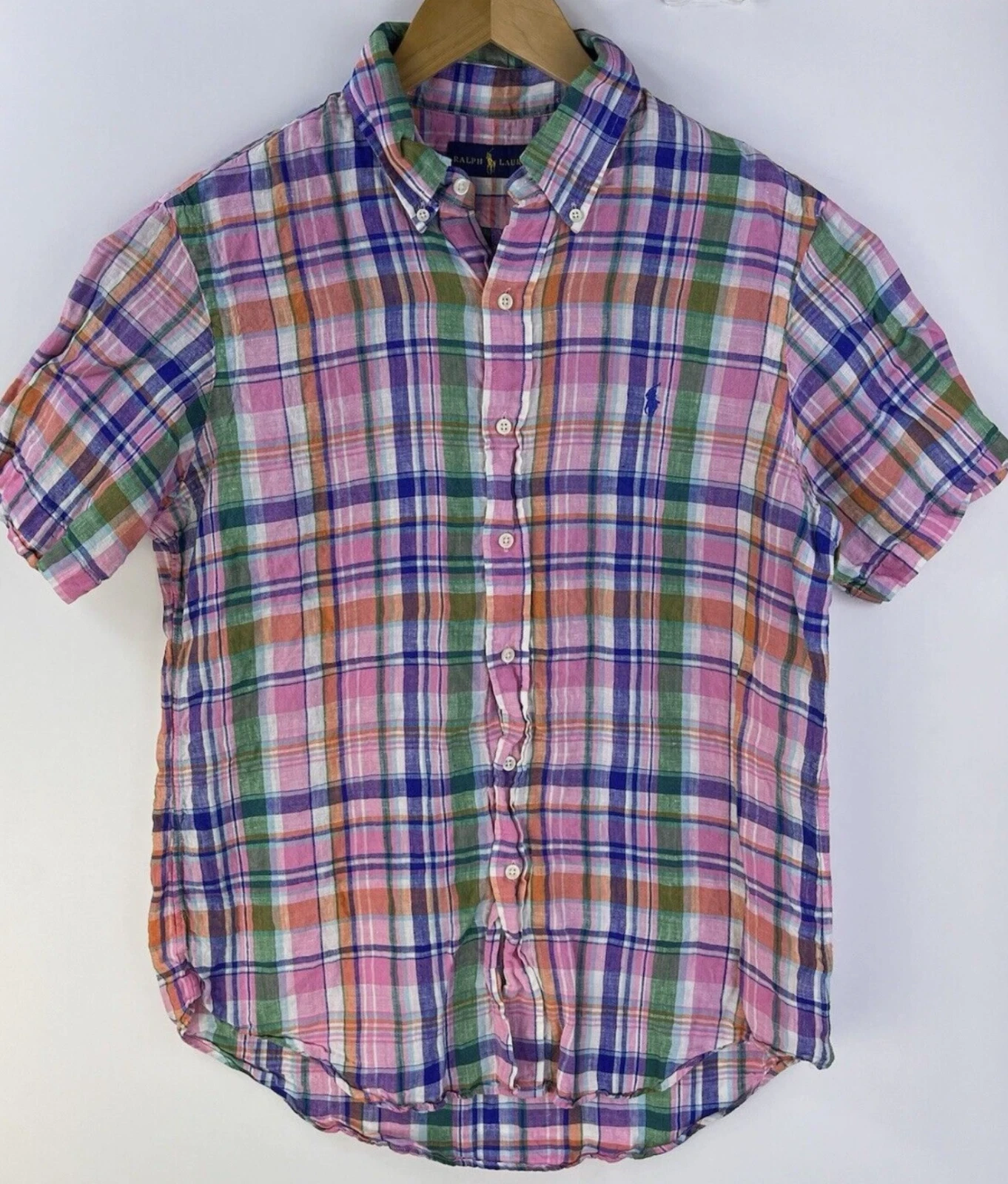 Ralph Lauren Shirt Mens L Pink Blue Plaid 100% Linen Pastel Short Sleeve Summer