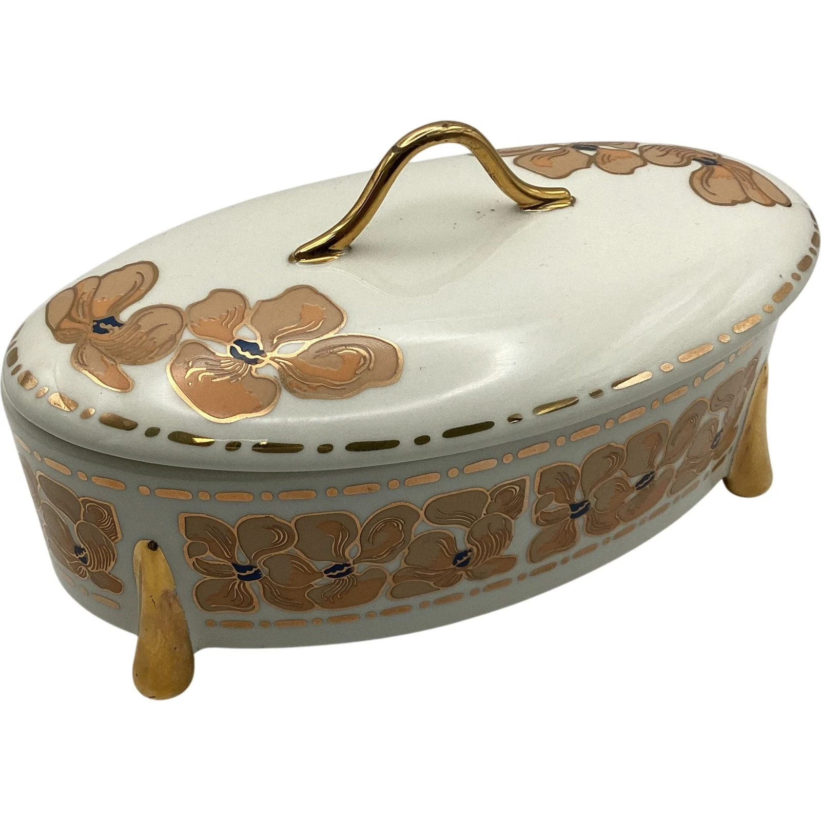 ANTHROPOLOGIE Floral Ceramic Covered Dish with Lid Gold Accents 2024 TH3