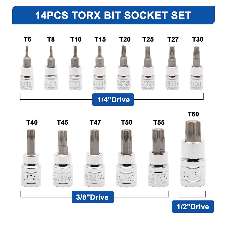 14PCS Torx Bit Socket Set, T6-T60, 1/4-Inch, 3/8-Inch and 1/2-Inch ...