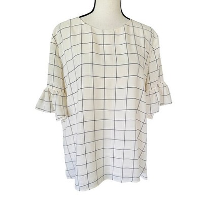 LOFT Women's XL Cream Black Windowpane Babydoll Tunic Top Ruffle Sleeve