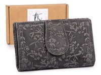 Ekavale Damen GeldböRse Portemonnaie Echt Leder Groß Blumenmuster Schwarz
