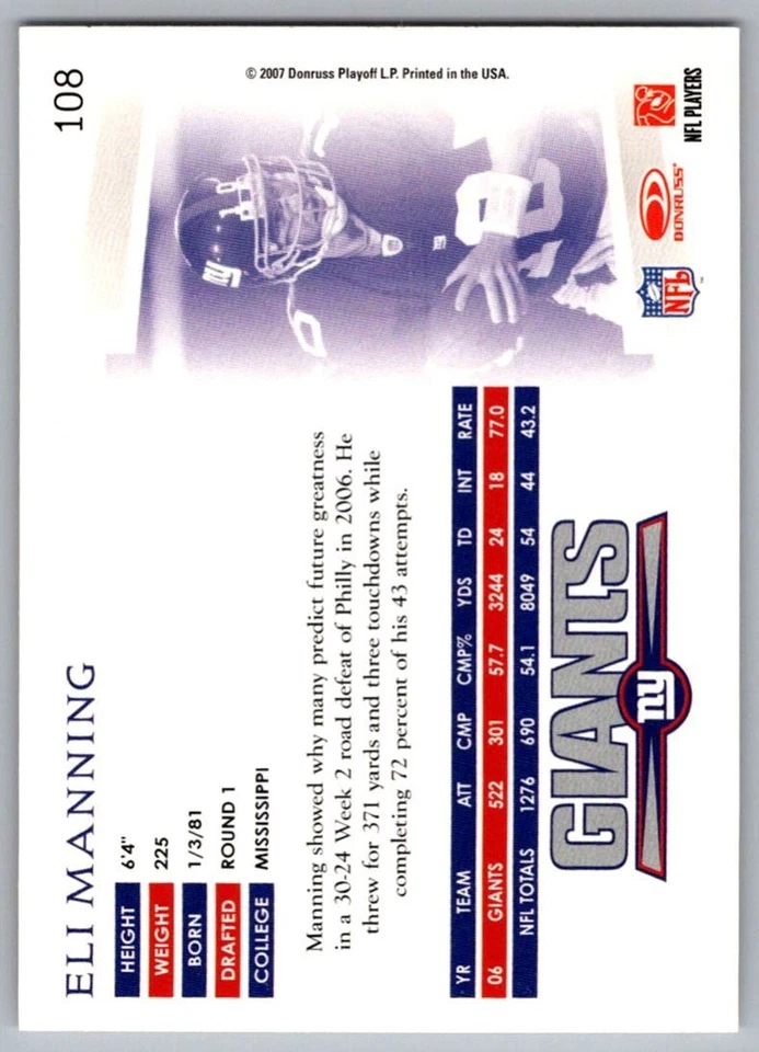 2007 Donruss Threads Eli Manning New York Giants #108 - Image 2 of 2