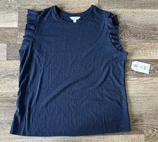 Time and Tru Rib Ruffle Sleeve Top Classic Fit Short Sleeve Navy Women XL 16-18