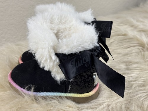 Juicy Couture Toddler Girls 5 Black Faux Fur Rainbow Winter Boots Logo Cute - Picture 3 of 6