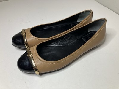 Tory Burch Leather Ballet Flats Size 7.5 Cap Toe Black Neutral Combo Women s