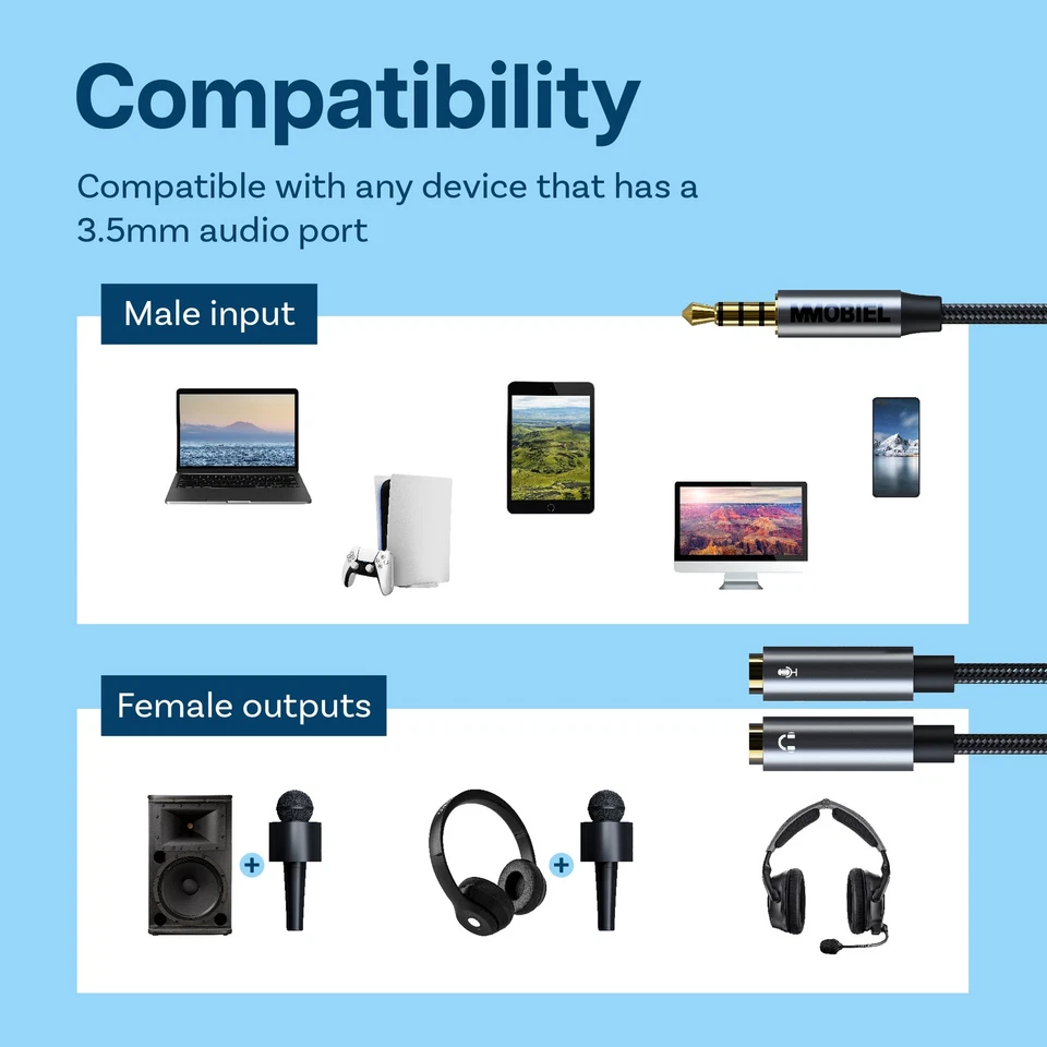 Divisor de auriculares divisor de micrófono y audio de 3,5 mm 1 macho a 2 hembra 1 ft - Imagen 3 de 4