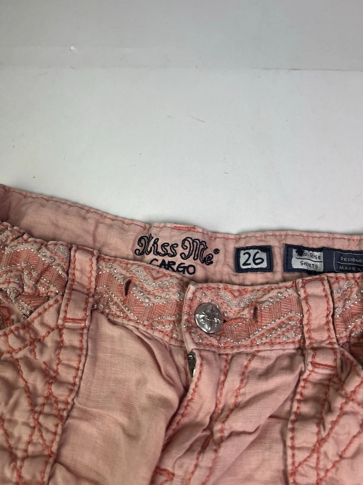 Miss Me Cargo Denim Pink Coral Jean Shorts Buckle CE8407H Women's Sz 26 - Image 2 of 4