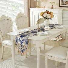 Blue Table Runner Floral Jacquard Bedside Table Runner with Multi-Tassels for...