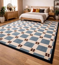 Tappeto lana trapuntato a mano 8x10 piedi blu beige geometrico fatto a mano tappeto soggiorno