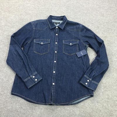 Lucky Brand Shirt Mens Medium Blue Denim Long Sleeve Snap Button 