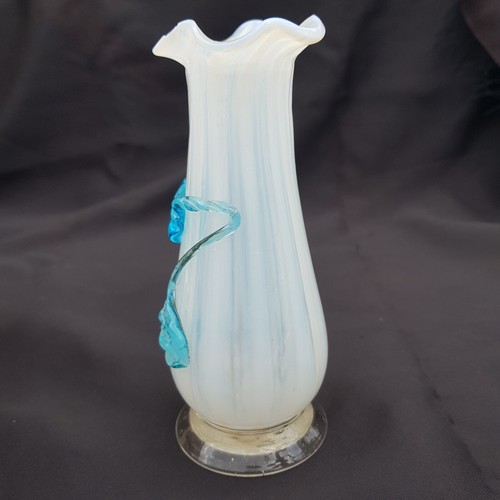 White Opalescent over clear Glass Vase with applied blue foliage ruffled top - Picture 3 of 15