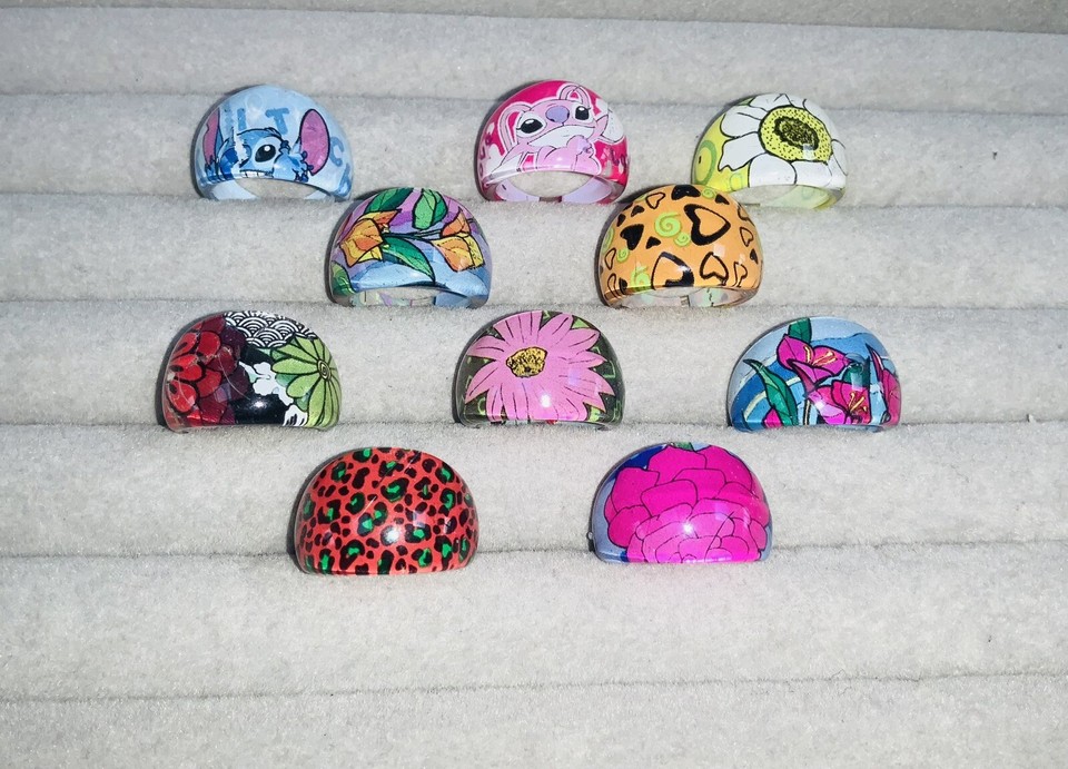 10 IMPERFECT Chunky LUCITE Kids RINGS Mixed Sizes Flowers & Characters