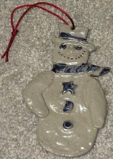 Vtg. 1992 Rowe Pottery Blue & Gray Salt Glaze "Snowman" XMAS Ornament FREE S/H
