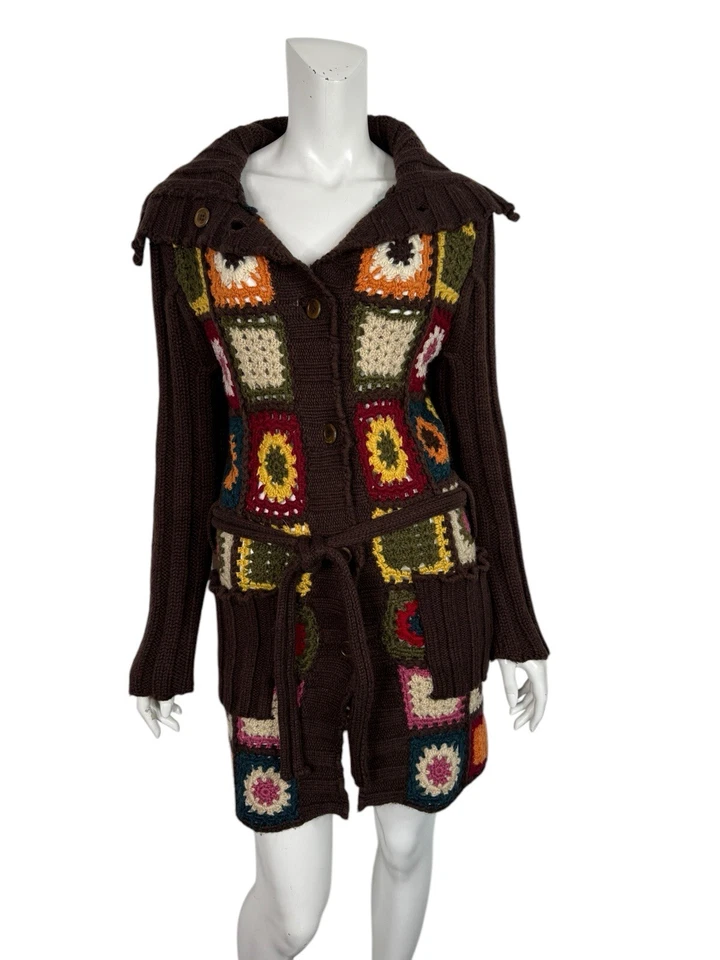 Vtg Dolce & Gabbana Brown Granny Square Knit Coat S 40 - Image 3 of 4