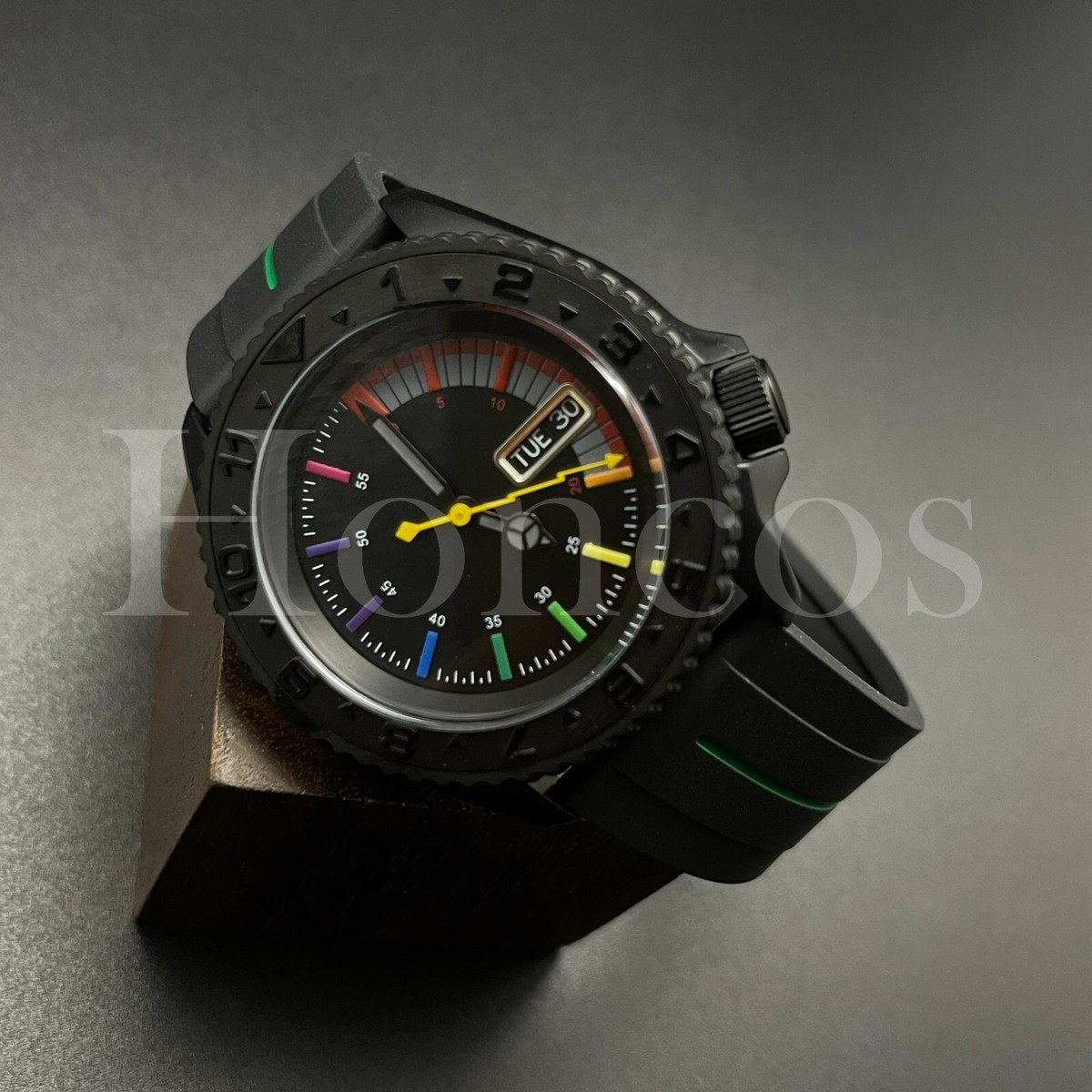 Custom Made Mods Watch SKX Style NH36 Auto Movement Black YM 12H RB Hours  BLK/GN