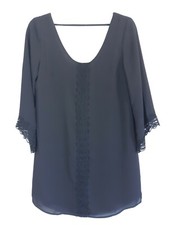 ASTR Dress S Black Strappy Scoop Back Scoop Neck 3/4 Sleeve Lace Mini Shift EUC