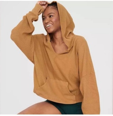 Offline by Aerie Waffle Knit Hoodie Sweatshirt Oversized XL V Neck Cropped  Camel | eBay