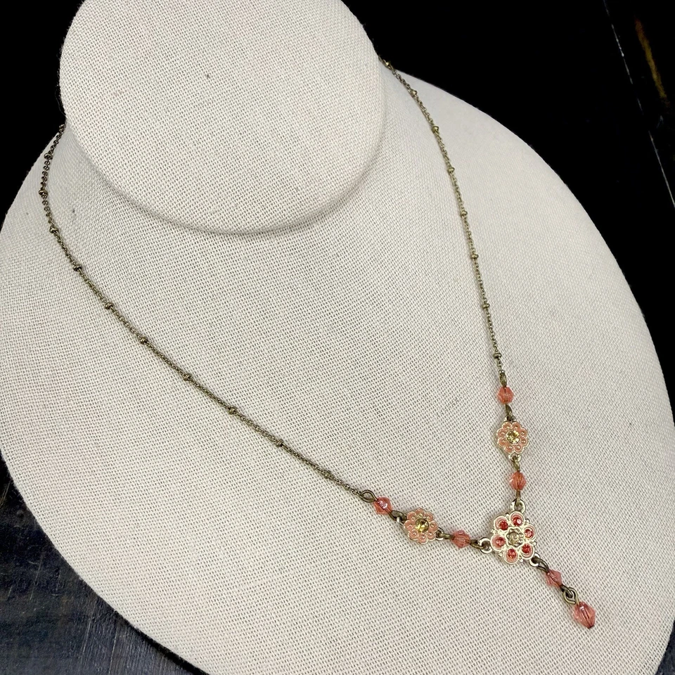 Colar antigo floral delicado com strass laranja e miçangas corrente bronze gota Y - Imagem 3 de 4